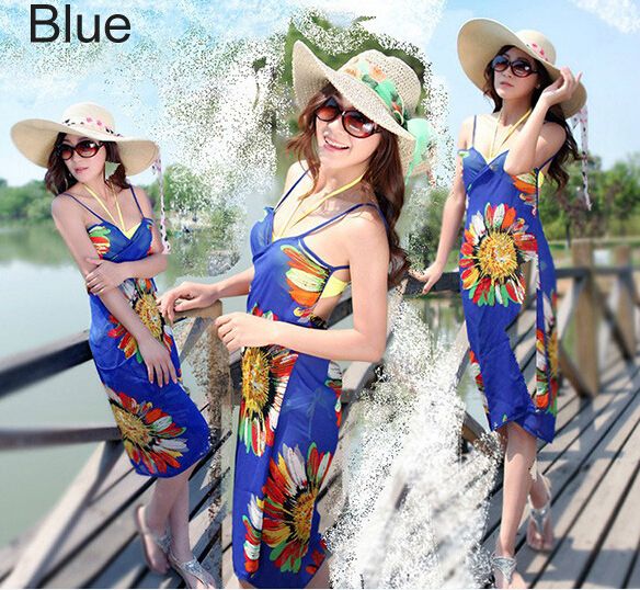 Fashion women backless dresses bohemia chiffon flower beach dress towel beachwear clothing long scarf 6colors