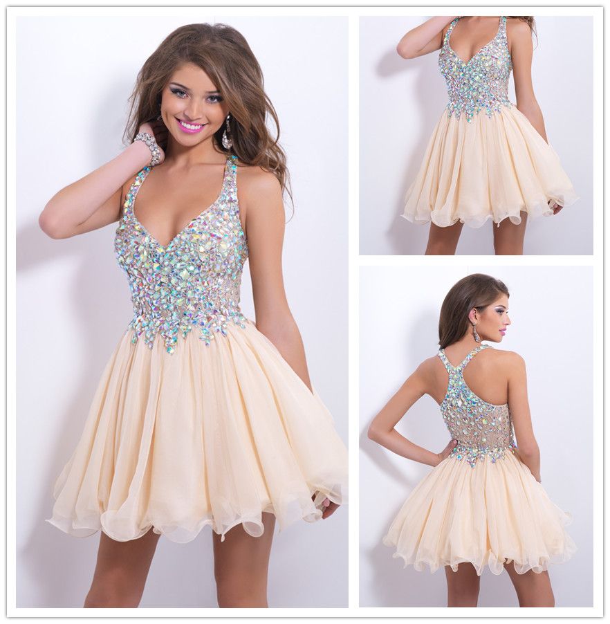 Stunning Cheap Short Mini Champagne Dresses Halter