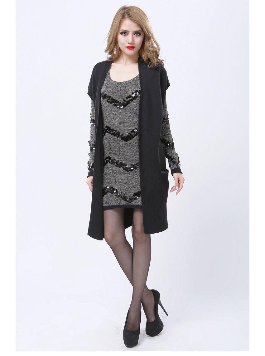 Black Cotton Long Vest Coat Women European Novelty Sleeveless Knit