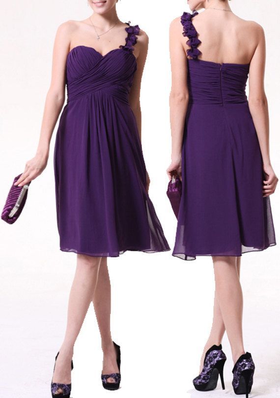 2014 Graceful Purple Maid Of Honor Dress Ruffles One Shoulder A Line Knee Length Chiffon 2014 Graceful Purple Maid Of Honor Dress Ruffles One Shoulder A Line Knee Length Chiffon