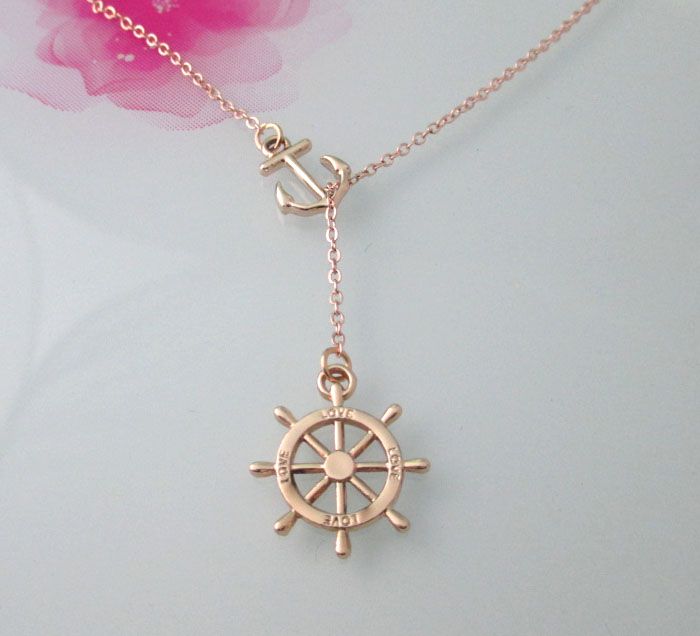 Wholesale ! Gold Nautical Lariat Necklace With Anchor And Steering