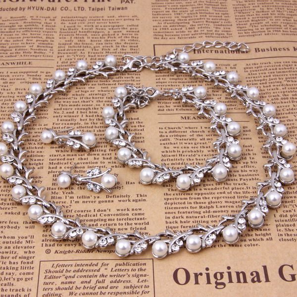2014 Classic Imitation Pearl Wedding Necklace Sets Silver Plated Clear