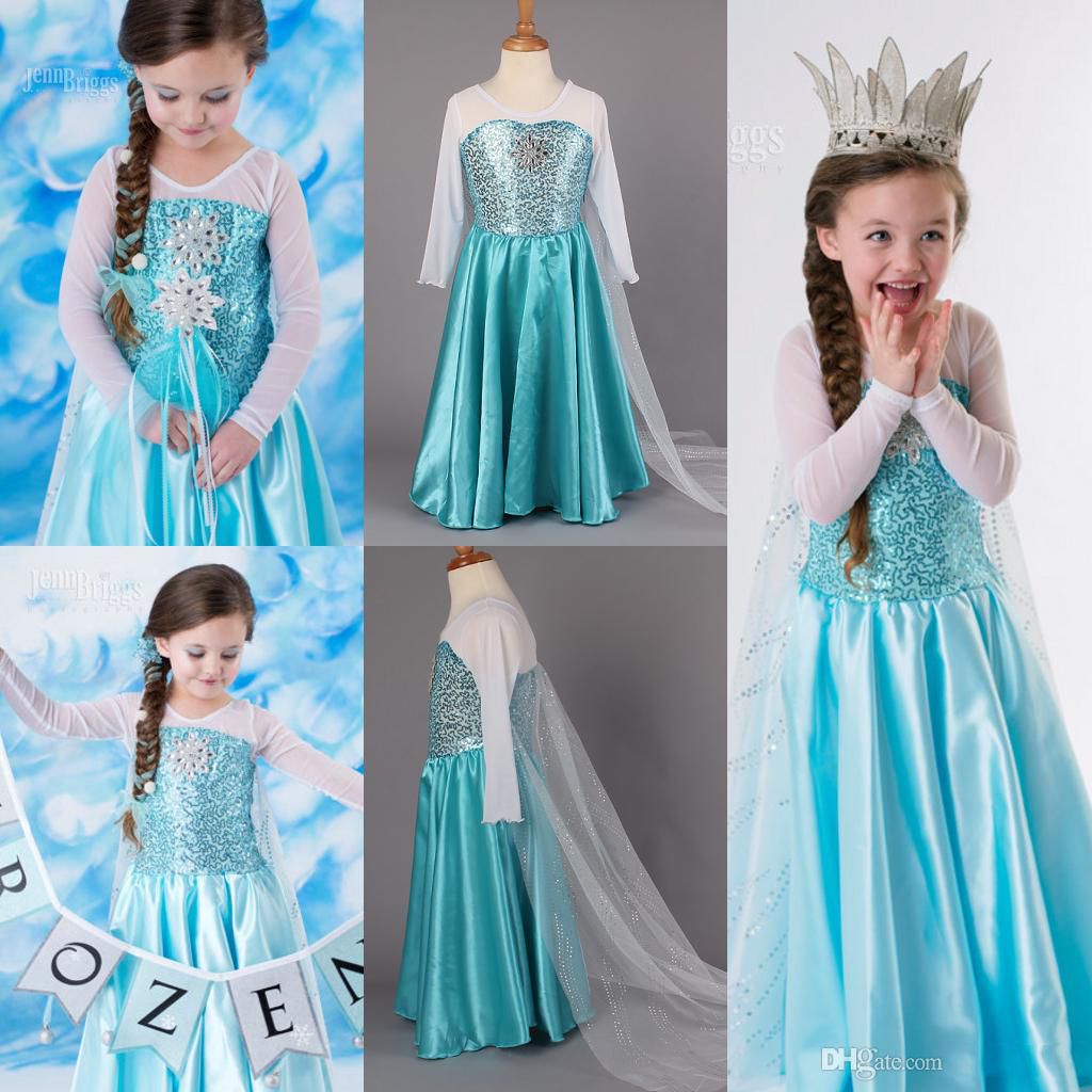 2014 Frozen Princess Dresses Blue Elsa Dresses With White Lace Cape Girls Pageant Dresses