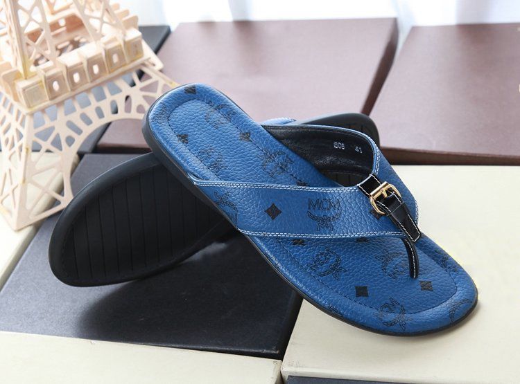 2014 New Blue Pu Leather Mcm Shoes Fashion Mens Womens Slippers Cheap Flip Flops High Quality 