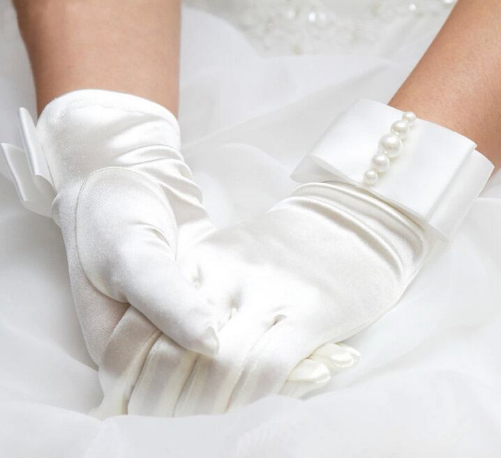 Iovry Satin Pearl Waist Length Bridal Gloves Full Finger Wedding Gloves Bridal Gloves Rhinestone Wedding Glove