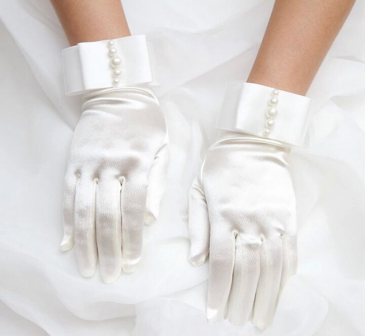 Iovry Satin Pearl Waist Length Bridal Gloves Full Finger Wedding Gloves Bridal Gloves Rhinestone Wedding Glove