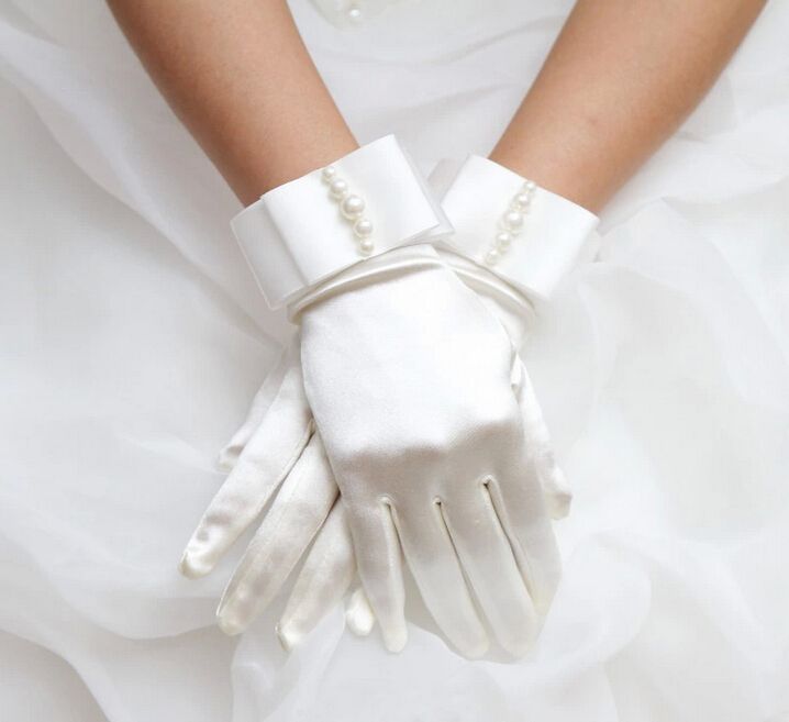 Iovry Satin Pearl Waist Length Bridal Gloves Full Finger Wedding Gloves Bridal Gloves Rhinestone Wedding Glove