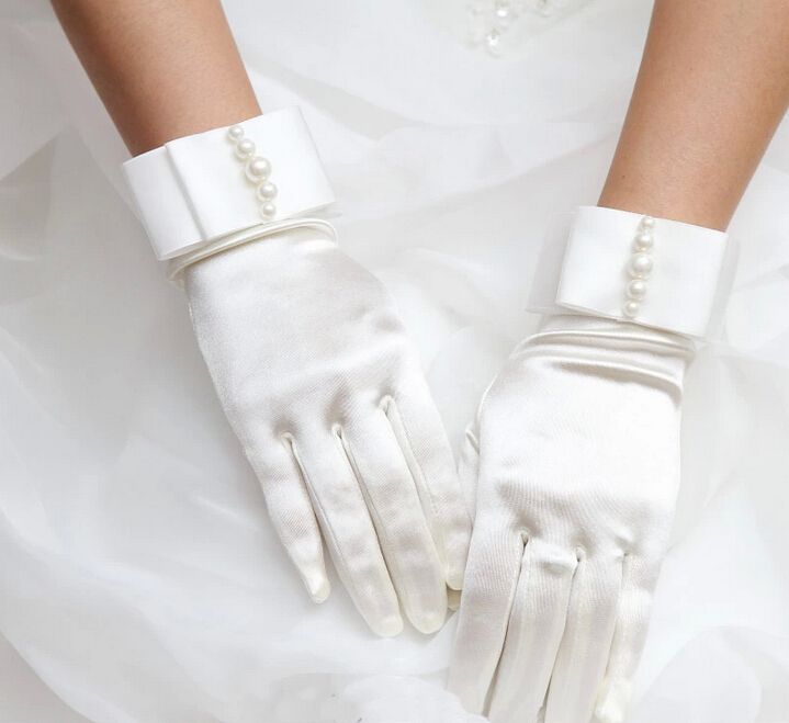 Iovry Satin Pearl Waist Length Bridal Gloves Full Finger Wedding Gloves Bridal Gloves Rhinestone Wedding Glove