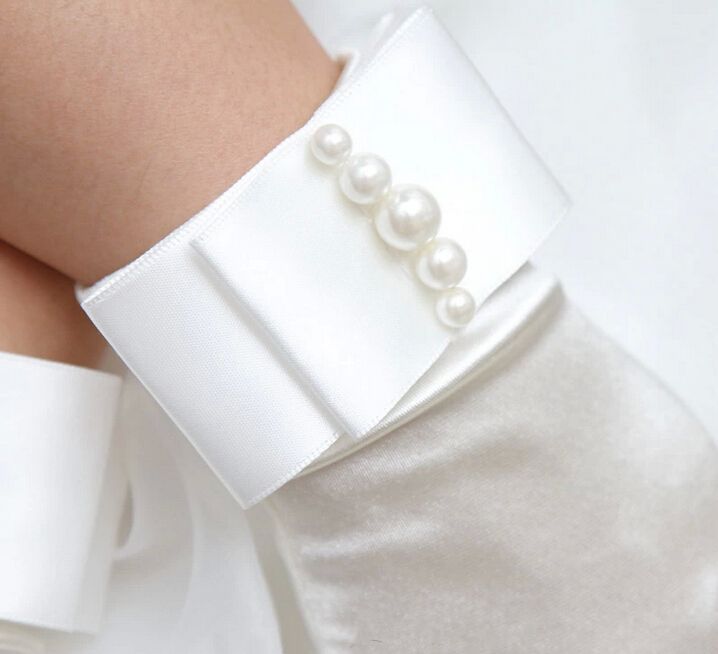 Iovry Satin Pearl Waist Length Bridal Gloves Full Finger Wedding Gloves Bridal Gloves Rhinestone Wedding Glove