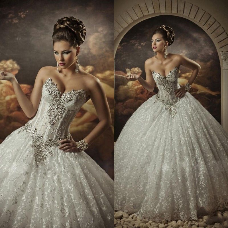 Royal Dramatic Ball Gown Wedding Dress Sweetheart Floor Length Lace