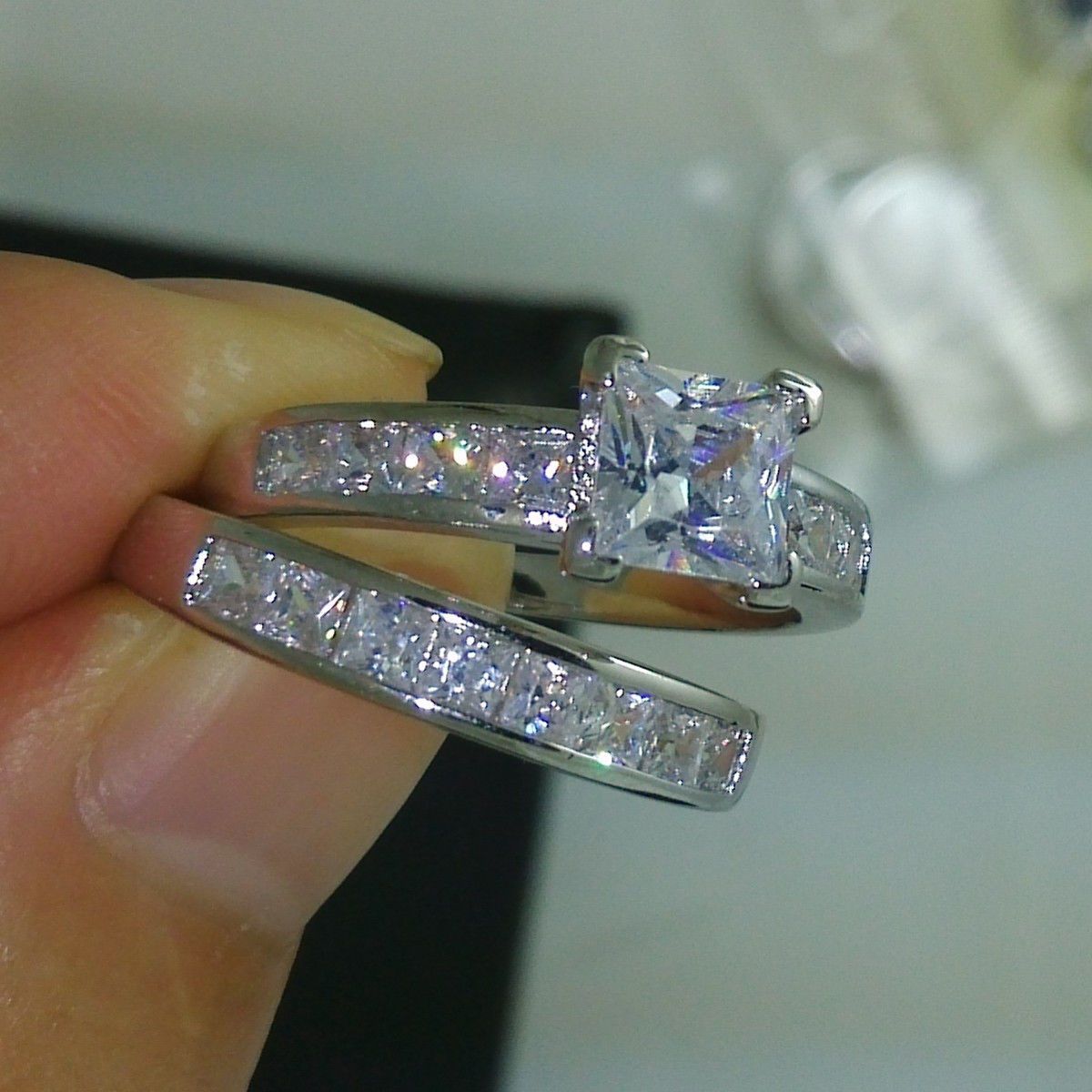 2017 New Arrival Brand Desgin Luxury Jewelry 10kt White Gold Filled Princess Cut Topaz CZ Diamond Gemstones Wedding Women Couple Ring Set