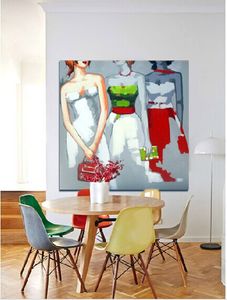 Ручная роспись Украшенный рисунок маслом на холсте Три девушки рисуют краски для украшения дома стены в столовой