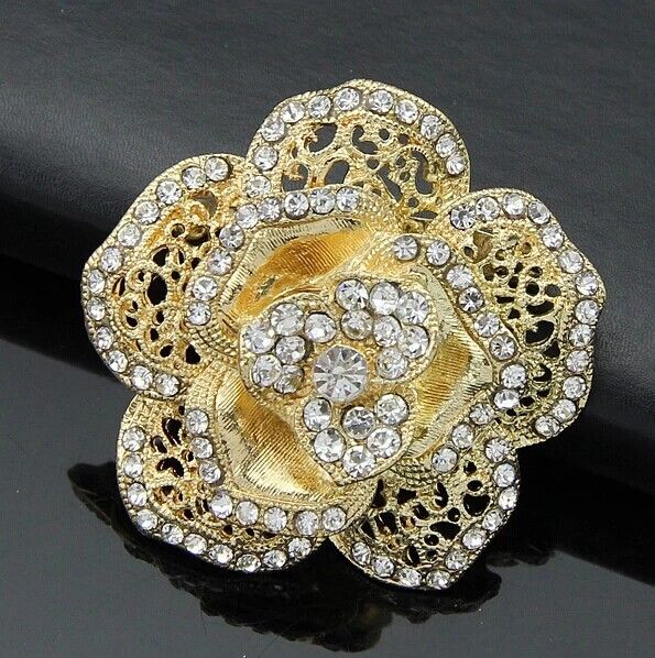 2 Inch Clear Rhinestone Diamante Rose Flower Alloy Brooch Bouquet Accessory Wedding Pins