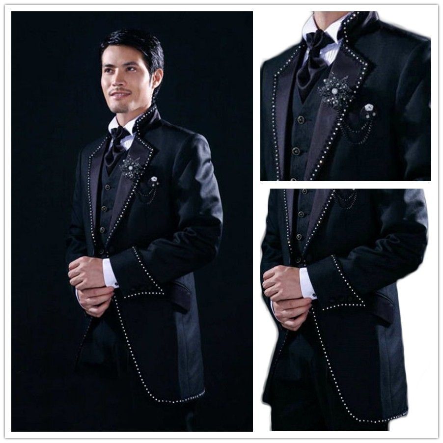 Custom Made Black With Crystal Decoration Groom Tuxedos Best Man Suit