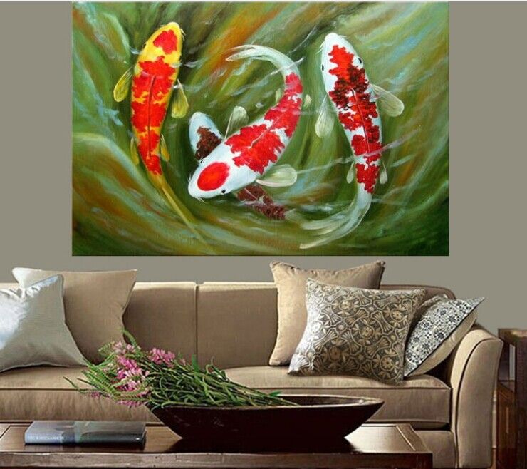 Koi Fish Oil Painting Feng Shui Painting Framed Canva Fancy Carp