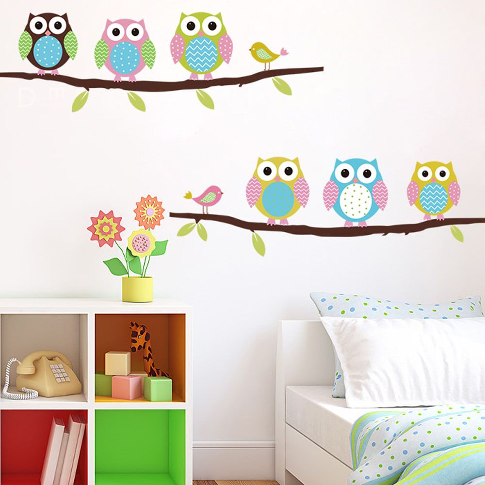 Cartoon Cute Six Owl On Tree DIY Wall Sticke Wallpaper Stickers