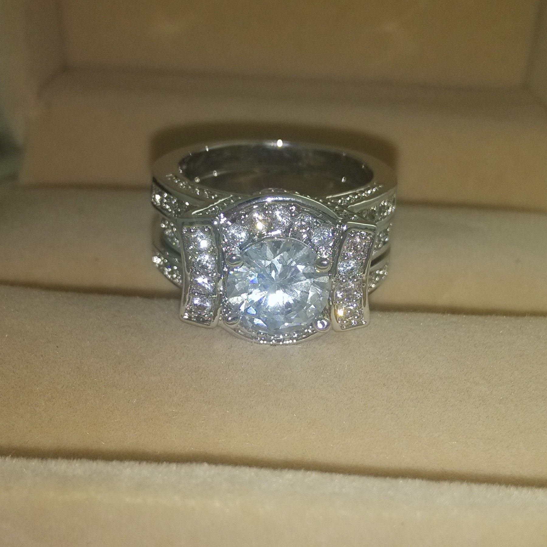 Size 5-11 Fashion Jewelry 14kt White Gold Filled Round Cut Simulated Diamond White Topaz CZ Engagement Women Wedding Bridal Finger Ring Set