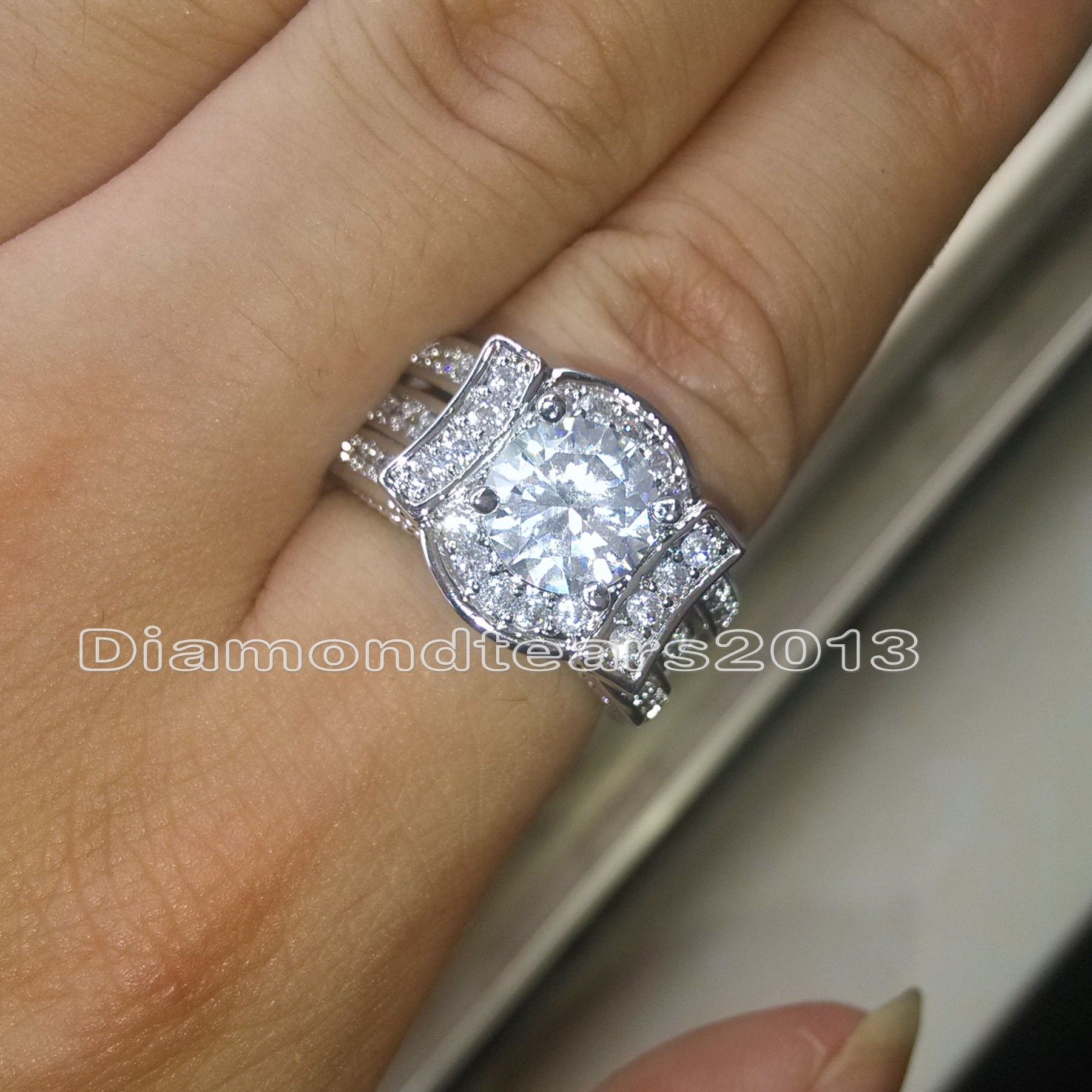 Size 5-11 Fashion Jewelry 14kt White Gold Filled Round Cut Simulated Diamond White Topaz CZ Engagement Women Wedding Bridal Finger Ring Set