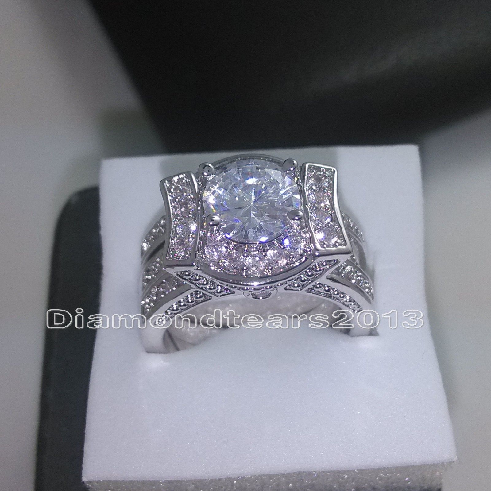 Size 5-11 Fashion Jewelry 14kt White Gold Filled Round Cut Simulated Diamond White Topaz CZ Engagement Women Wedding Bridal Finger Ring Set