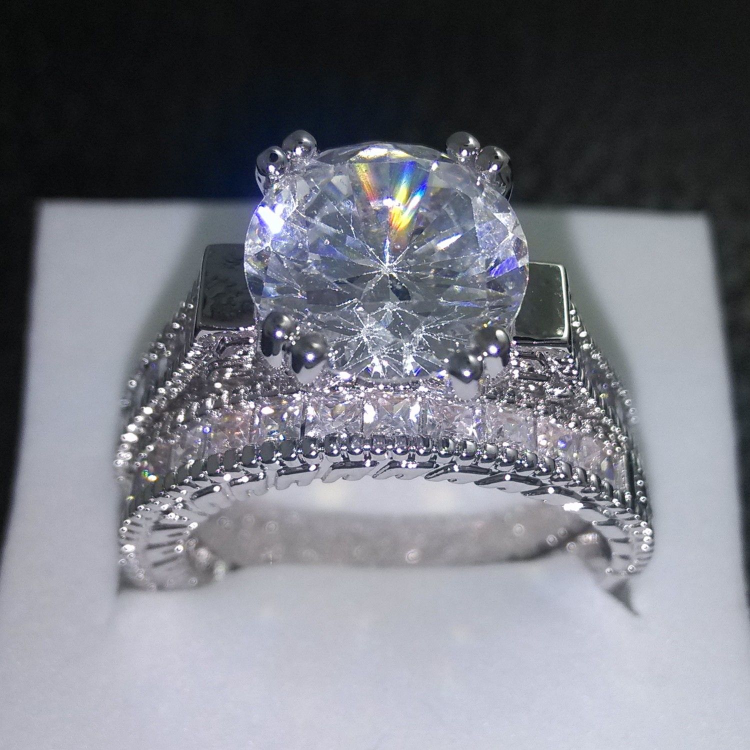 Size 5-10 Fashion Jewelry 14KT White Gold Filled 6MM Round Cut Topaz CZ Diamond Gemstones Wedding Bridal Couple Finger Rings for Women Gift