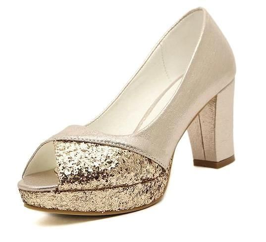 gold open toe chunky heels