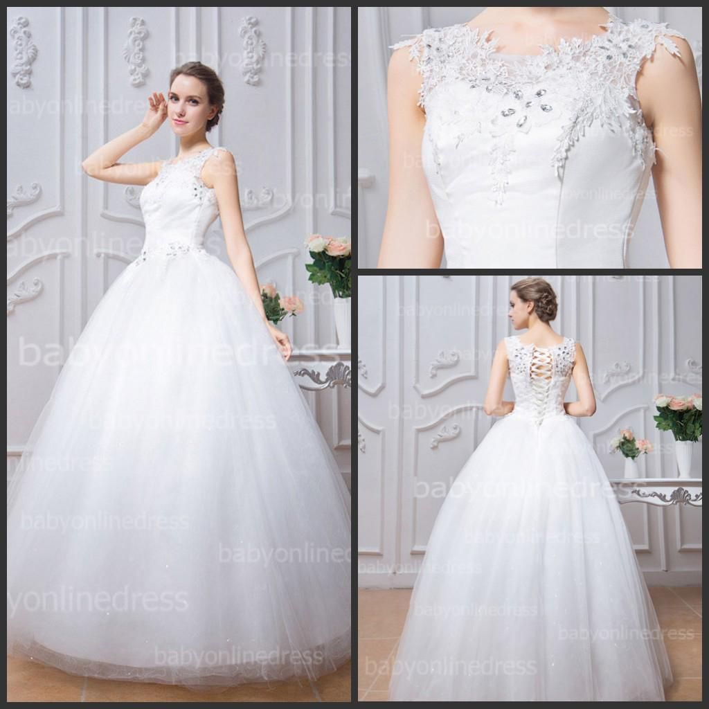 Crystal Lace Wedding Dresses White Crew Neck Cap Sleeves Lace Up ...