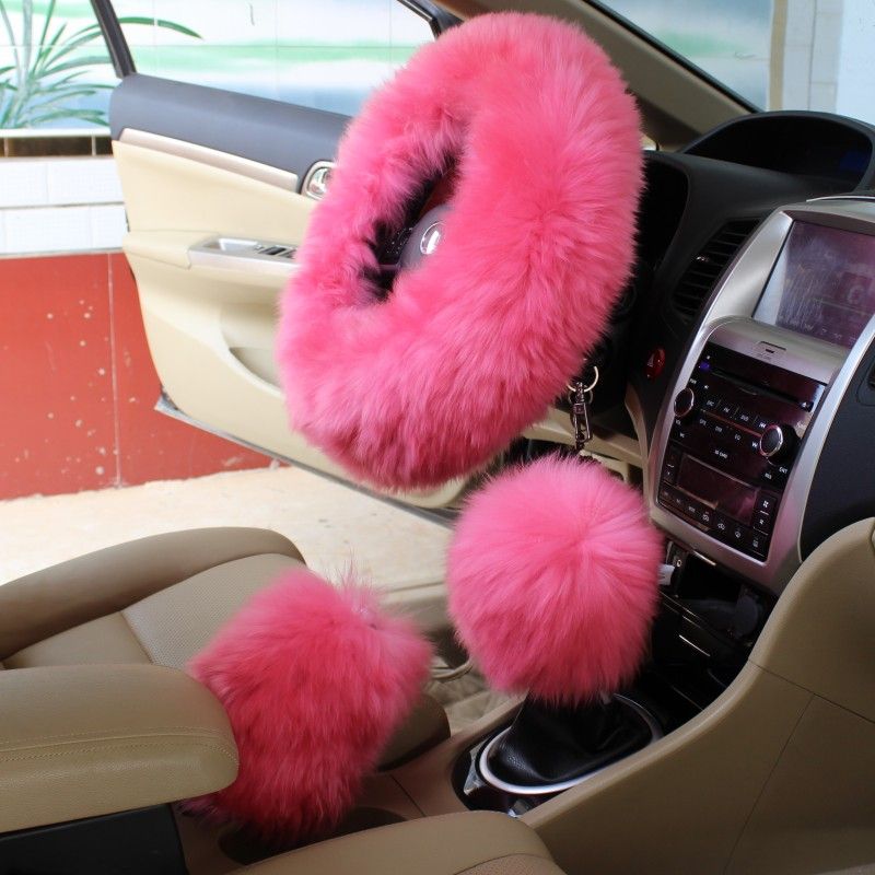 Pink Pure Wool Steering Wheel Cover Car Cover Long Haired Steering