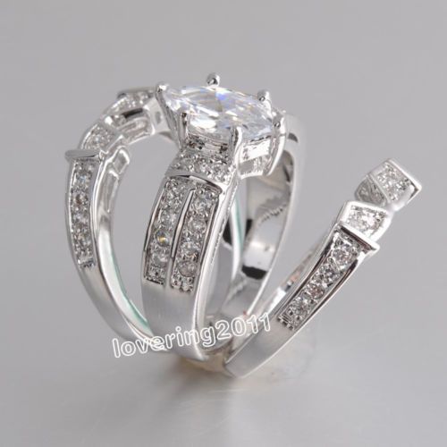 Size 6/7/8/9/10 Fashion jewelry Nice Lover Marquise Cut Topaz 14KT White Gold Filled GF 3 rings Wedding Band Ring Set for love gift
