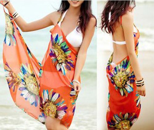FREE SHIPPING Deep V Wrap Chiffon Swimwear Bikini Cover Up Sarong Beach Dress