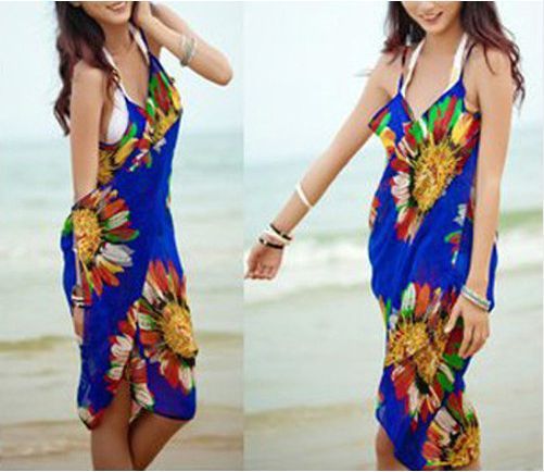 FREE SHIPPING Deep V Wrap Chiffon Swimwear Bikini Cover Up Sarong Beach Dress