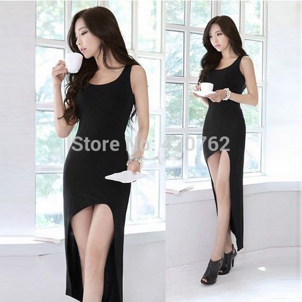 Sexy 2014 New Summer Women Lady Sleeveless Split Slim Irregular Asymmetric Hem Cotton Long Maxi Tank Dress
