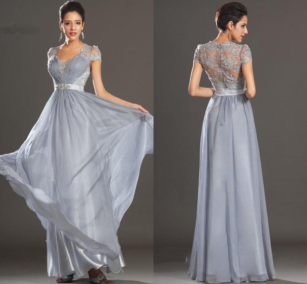 2014 New Arrival! Silver Gray Prom Dresses V Neck Cap Sleeve Crystals Beads On Waist Lace Ruched