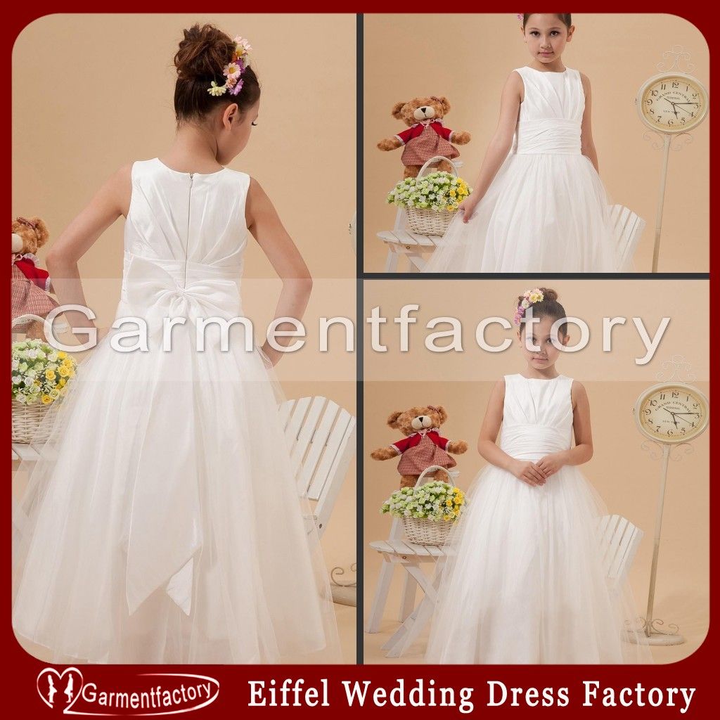 2014 Cute Flower Girls Dresses Tulle Puffy Floor Length Bow Sash Satin Ivory Flower Girls
