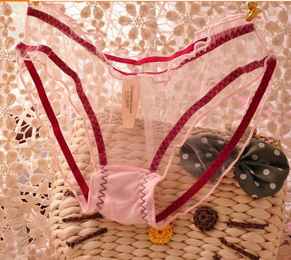 Fashion women girl gauze lace panties transparent candy colors panty thong cotton briefs underwear knickers 6pcs gift