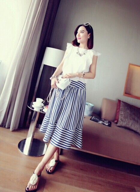 2014 New Fashion Europe Popular Style Black and White Striped Ball Gown Long Skirts TSP1341