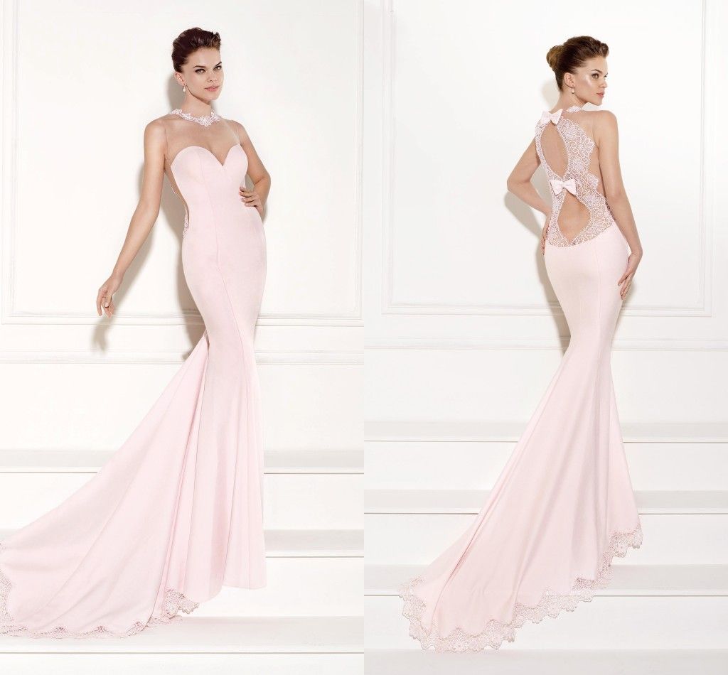 Light Pink Sweet Honey And Sexy High Neck Evening Dresses Two Cute Bow And Lace Applique On Back