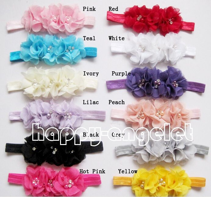 20pcs Gril baby 3 flowers hair bands pearl Crystal Chiffon flower combination set Elastic Headbands Headwear head band Hair Accessories H061