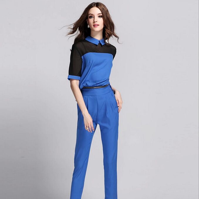 2017 Women Blue Jumpsuits And Rompers High Street Brand Elegant Royal Blue Jumpsuits Work Wear