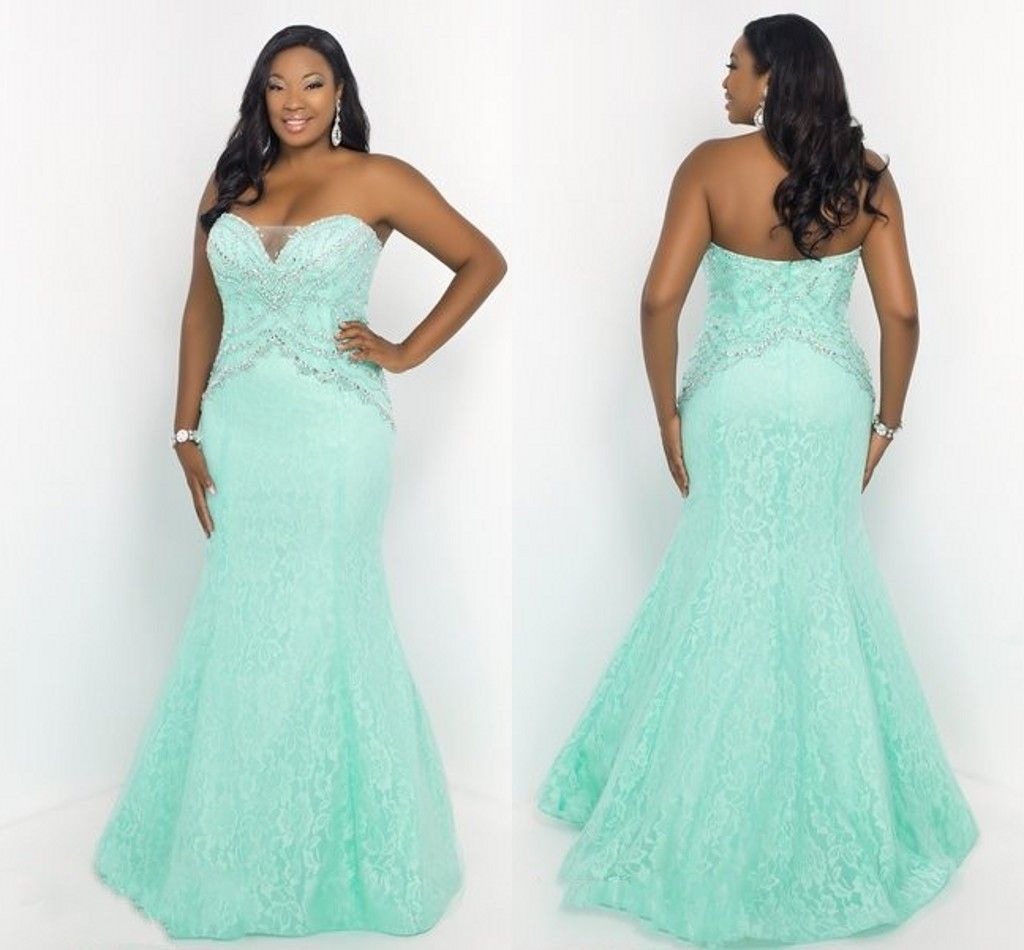 2017 Fashion Mint Lace Plus Size Mermaid Crystal Prom Evening Dresses