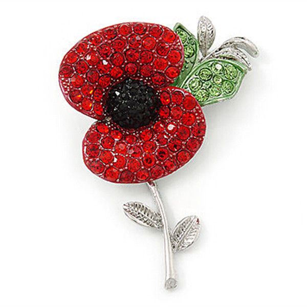 2 Inch Red Diamante Crystal Rhinestone Poppy Flower Brooch with leaf Gold Finish Gilt Finish New