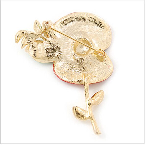 2 Inch Red Diamante Crystal Rhinestone Poppy Flower Brooch with leaf Gold Finish Gilt Finish New