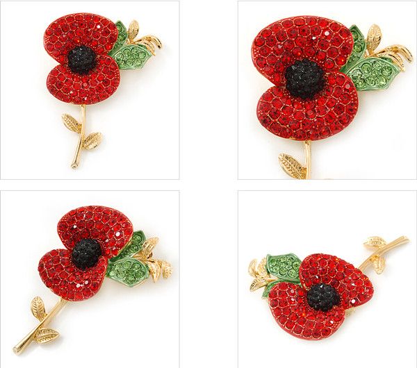 2 Inch Red Diamante Crystal Rhinestone Poppy Flower Brooch with leaf Gold Finish Gilt Finish New