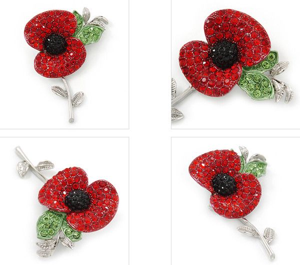 2 Inch Red Diamante Crystal Rhinestone Poppy Flower Brooch with leaf Gold Finish Gilt Finish New