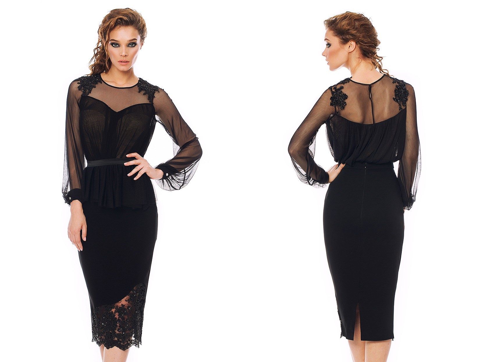 Wedding Sexy Cocktail Dresses black sexy cocktail dresses jewel neckline sheer back long sleeve tea length sheath pleated appliqued lace prom party dress custo