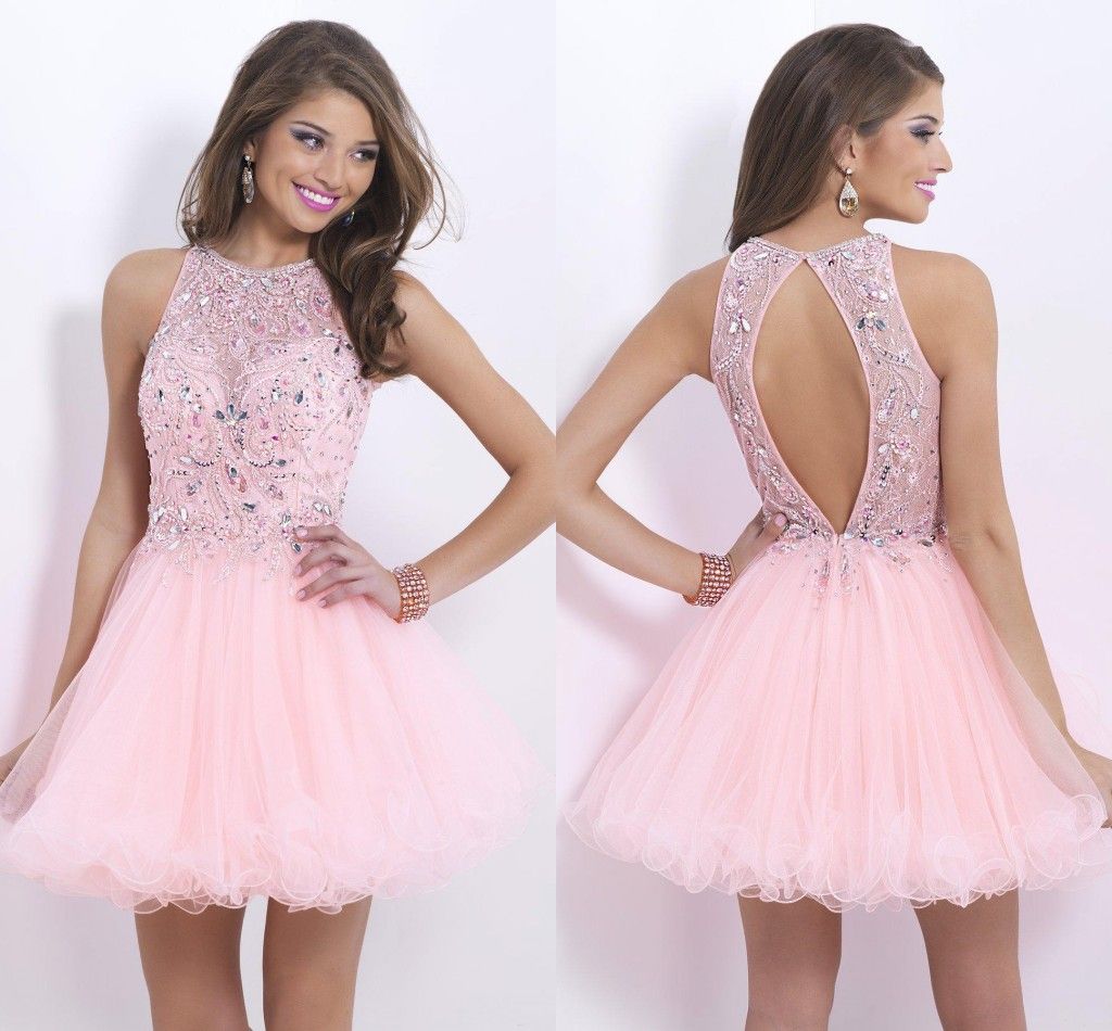 Open Back High Neck Light Pink Homecoming Dresses Short Tulle A ...