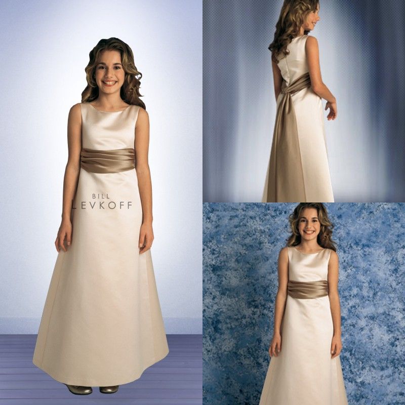 2014 Champagne Junior Bridesmaid Dresses A Line Jewel Neck Brown Sash