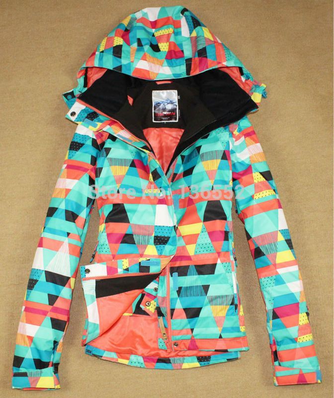 2015 Womens Ski Jacket Colorful Triangles Snowboarding Jacket Ladies Geometry Skiing Jacket Winter Sports Jacket Skiwear Waterproof 10k From Yunxuange201008