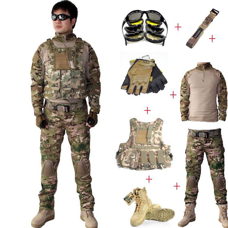 Men's Tactical Airsoft Combat Gear Package of 7 PCS ( T shirt + Pants