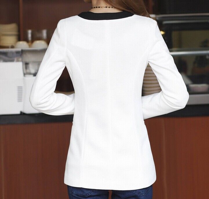 Wholesale-2015 New Fashion Women Slim Blazer Coat Casual Jackets Long Sleeve V-Neck Black White One Button Suit OL Outerwear YS8068