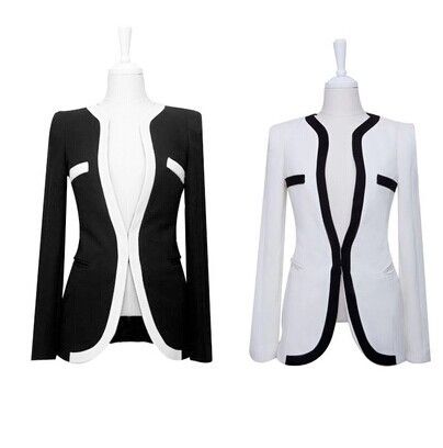 Wholesale-2015 New Fashion Women Slim Blazer Coat Casual Jackets Long Sleeve V-Neck Black White One Button Suit OL Outerwear YS8068